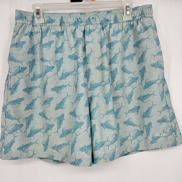Huk Shorts Mens Large Swimming Trunks‎ Lined Fishing Summer Green All Over Print - Picture 1 of 14